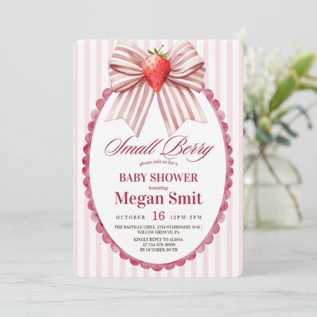 Coquette Strawberry Baby Shower  Invitation (Standing Front)