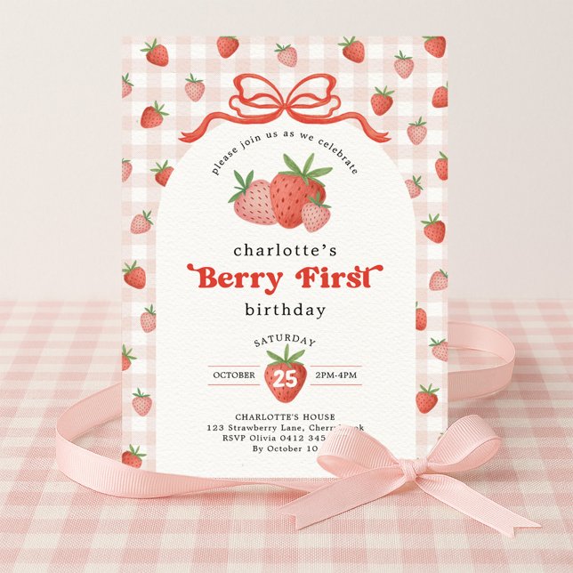 Coquette Strawberry Berry First 1st Birthday Invitation (Creator Uploaded)