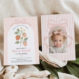 Coquette Strawberry Blush Pink Bow Birthday Photo Invitation