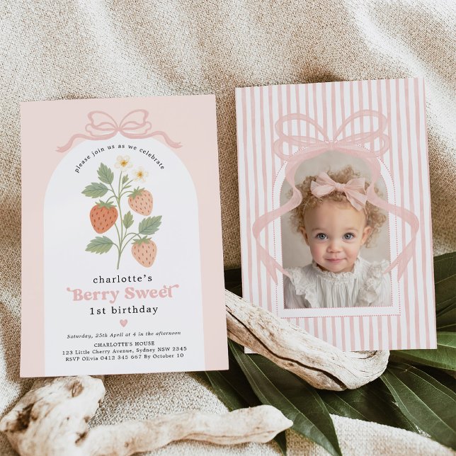 Coquette Strawberry Blush Pink Bow Birthday Photo Invitation (Creator Uploaded)