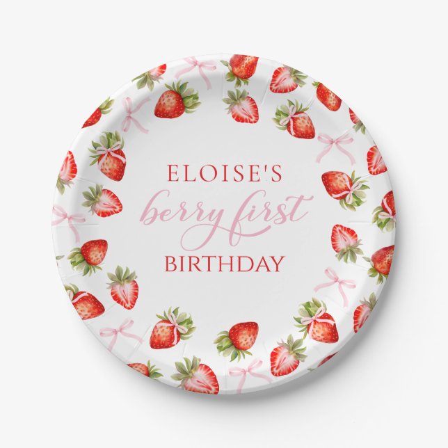 Coquette Strawberry Bow Berry First Birthday Paper Plate (Front)
