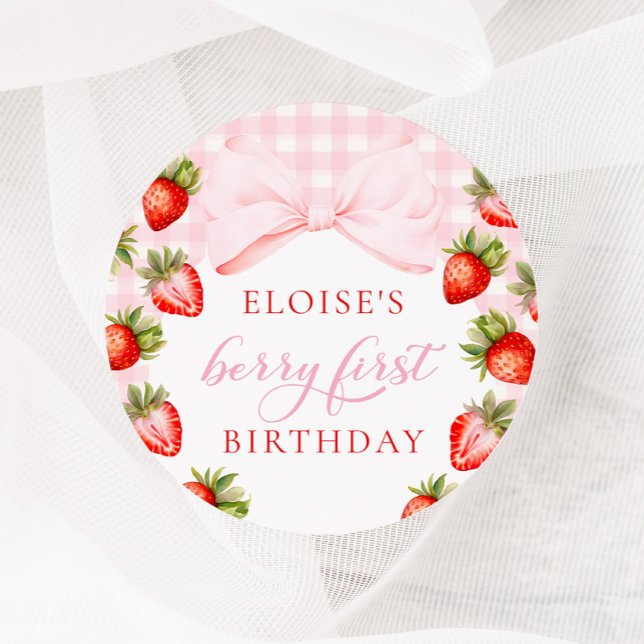Coquette Strawberry First Birthday Classic Round Sticker (Creator Uploaded)