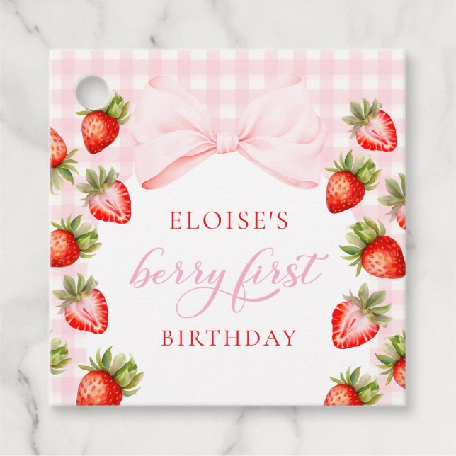 Coquette Strawberry First Birthday Favour Tags (Front)