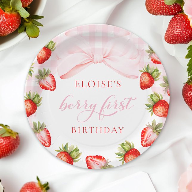Coquette Strawberry First Birthday Paper Plate (Creator Uploaded)