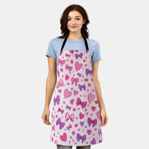 Coquette Style Pink Purple Bow & Heart Pattern Apron