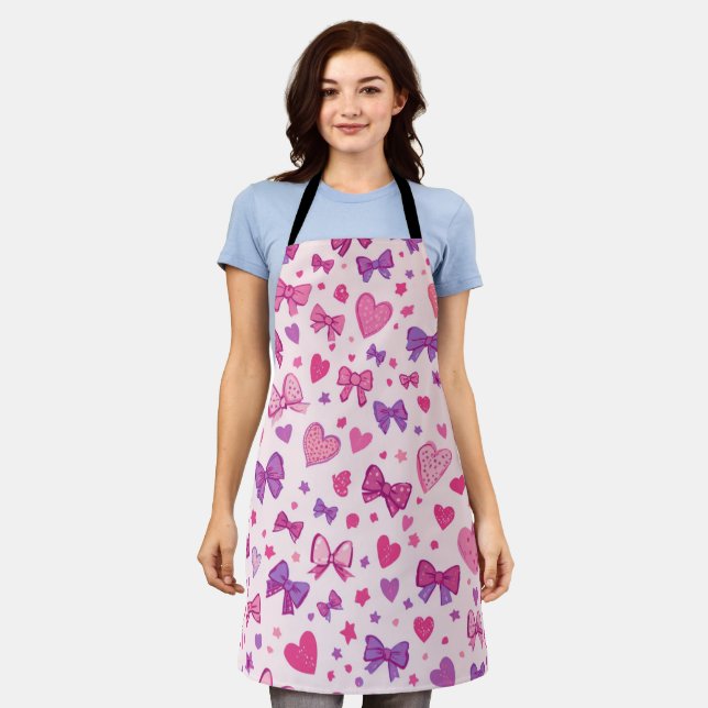 Coquette Style Pink Purple Bow & Heart Pattern Apron (Worn)
