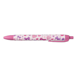 Coquette Style Pink Purple Bow & Heart Pattern Black Ink Pen