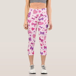 Coquette Style Pink Purple Bow & Heart Pattern Capri Leggings