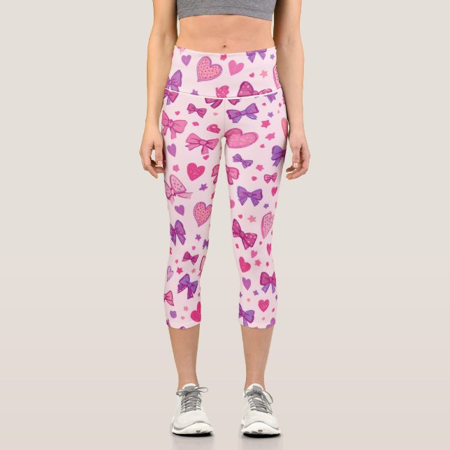 Coquette Style Pink Purple Bow & Heart Pattern Capri Leggings (Front)
