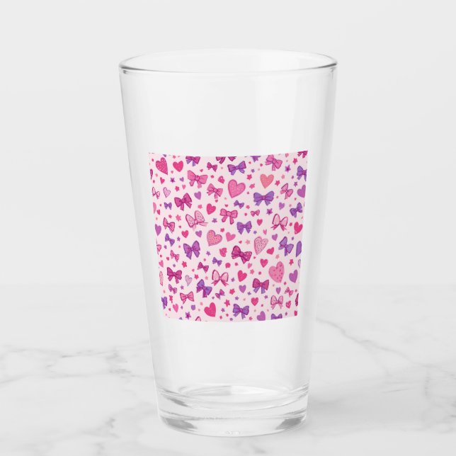 Coquette Style Pink Purple Bow & Heart Pattern Glass (Front)