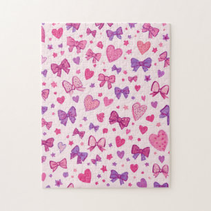 Coquette Style Pink Purple Bow & Heart Pattern Jigsaw Puzzle