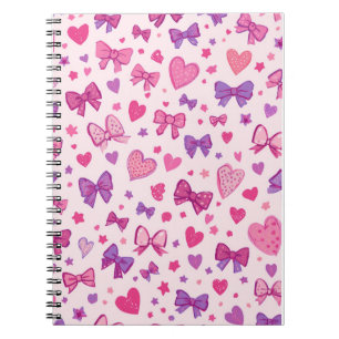 Coquette Style Pink Purple Bow & Heart Pattern Notebook
