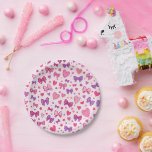 Coquette Style Pink Purple Bow & Heart Pattern Paper Plate