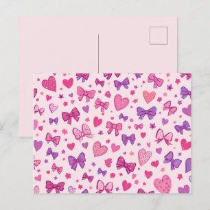 Coquette Style Pink Purple Bow & Heart Pattern Postcard