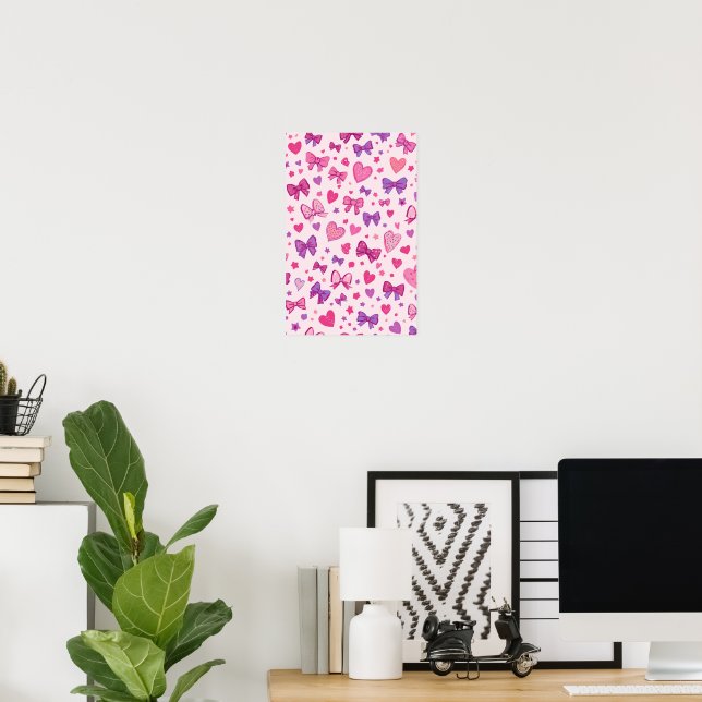 Coquette Style Pink Purple Bow & Heart Pattern Poster (Home Office)