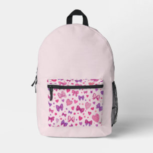 Coquette Style Pink Purple Bow & Heart Pattern Printed Backpack