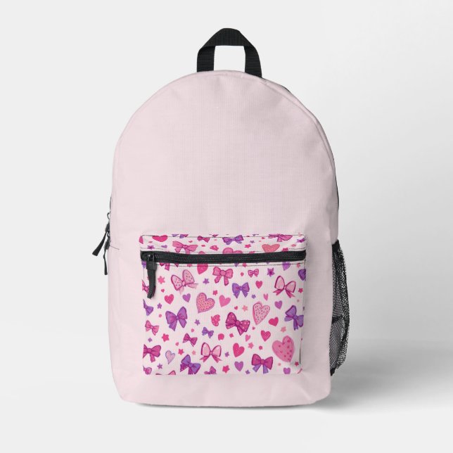 Coquette Style Pink Purple Bow & Heart Pattern Printed Backpack (Front)