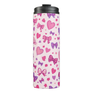 Coquette Style Pink Purple Bow & Heart Pattern Thermal Tumbler