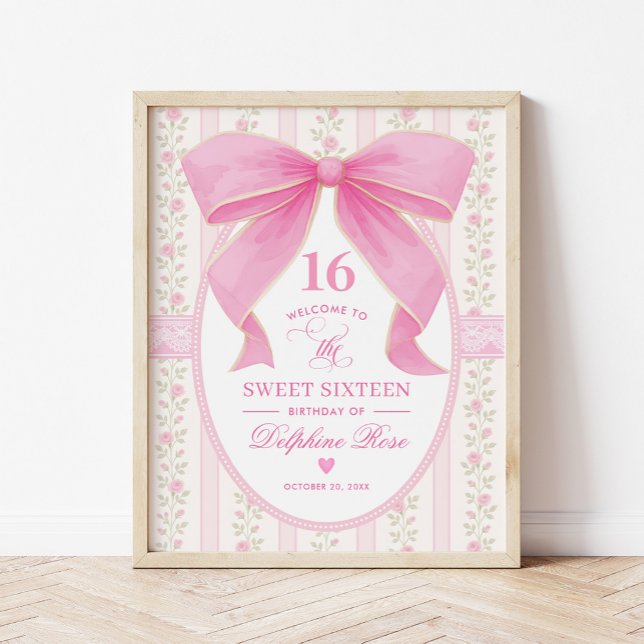 Coquette Sweet 16 Pink Bow Roses Welcome Poster (Creator Uploaded)
