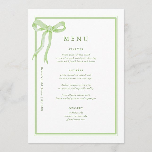 Coquette Toile Green Bow Bridal Shower Menu (Front)