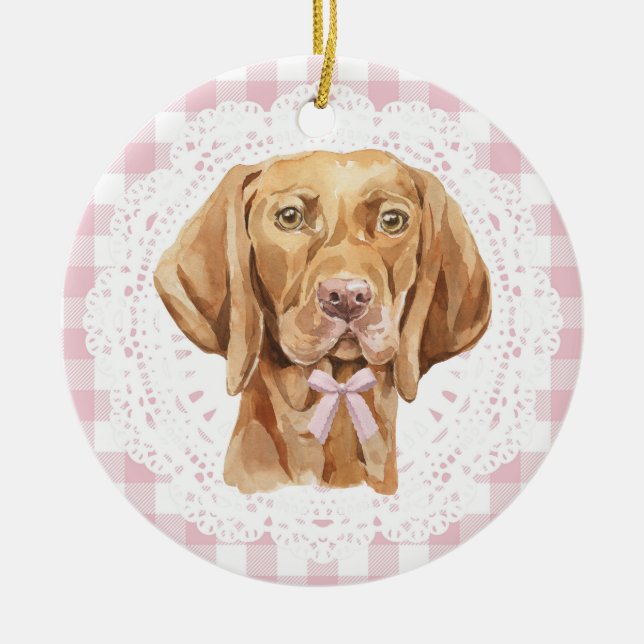 Coquette Vizsla Dog Pink Gingham Bows Ceramic Tree Decoration (Front)