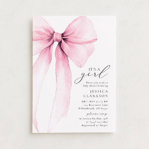 Coquette Watercolor Big Pink Bow Baby Shower Invitation