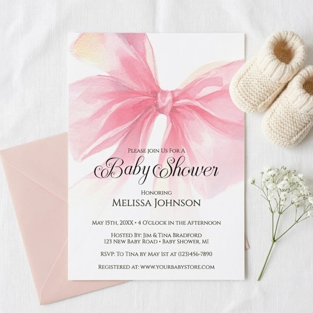 Coquette Watercolor Pink Bow Baby Shower Invitation (Coquette Pink Bow Baby Shower Invitation)