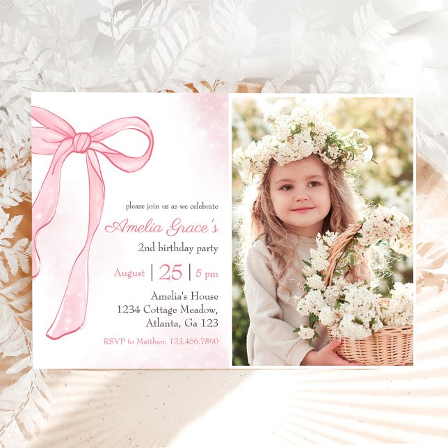 Coquette Watercolor Pink Cute Bow 2nd Birthday Invitation (Creator Uploaded)