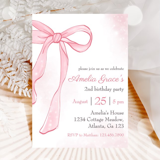Coquette Watercolor Pink Cute Bow 2nd Birthday Invitation (Creator Uploaded)