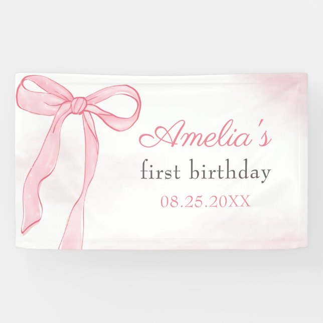 Coquette Watercolor Pink Cute Bow Birthday Banner (Horizontal)