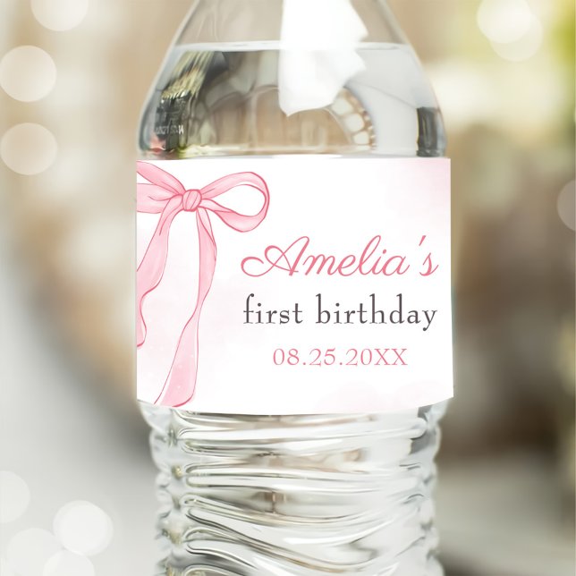 Coquette Watercolor Pink Cute Bow Birthday Water Bottle Label (Creator Uploaded)