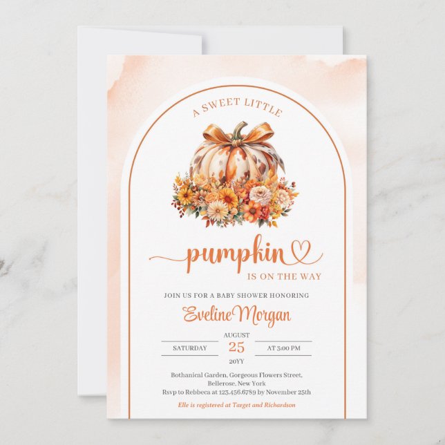 Coquette watercolor pumpkin with copper ribbon invitation (Front)