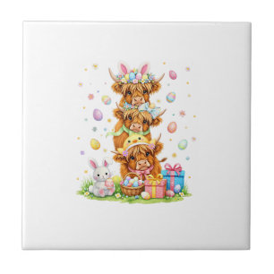 Coquette Western Highland Cow Easter Eggs Cute Bun Tile