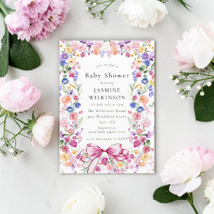 Coquette wildflower floral pink bow baby shower invitation