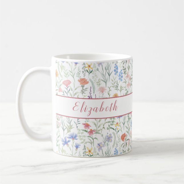 Coquette Wildflower Meadow Personalised Pink Coffee Mug (Left)