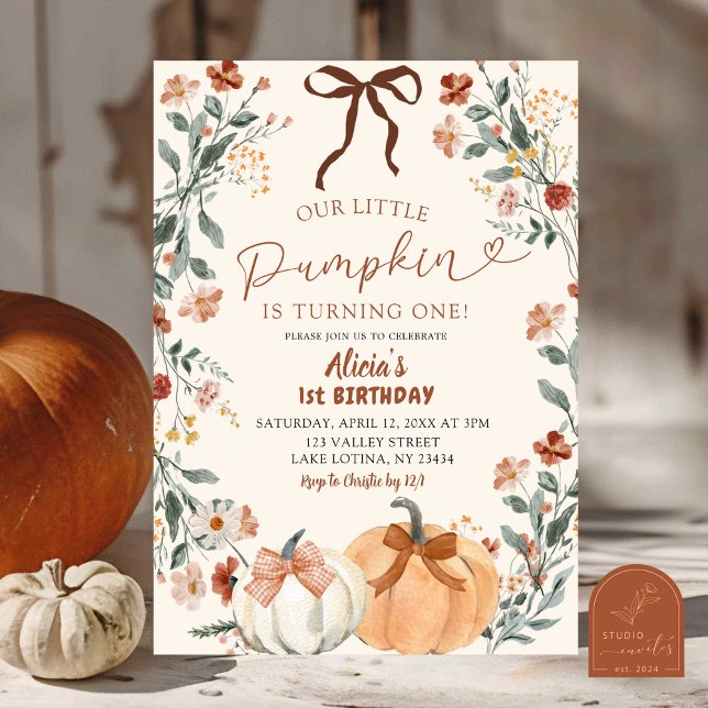 Coquette Wildflower Pumpkin 1st Birthday  Invitation (Creator Uploaded)