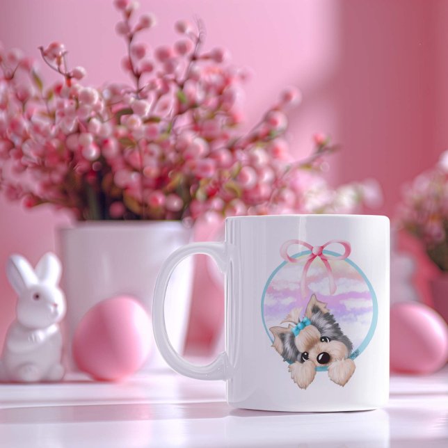 Coquette Yorkshire Terrier Coffee Mug (Sweet KiniArt™️ Yorkie Terrier dog art in a coquette aesthetic design by Kim Niles, on coffee mugs)