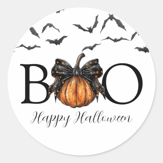 Coquettish Halloween Boo Pumpkin Bats Black Bow  Classic Round Sticker (Front)