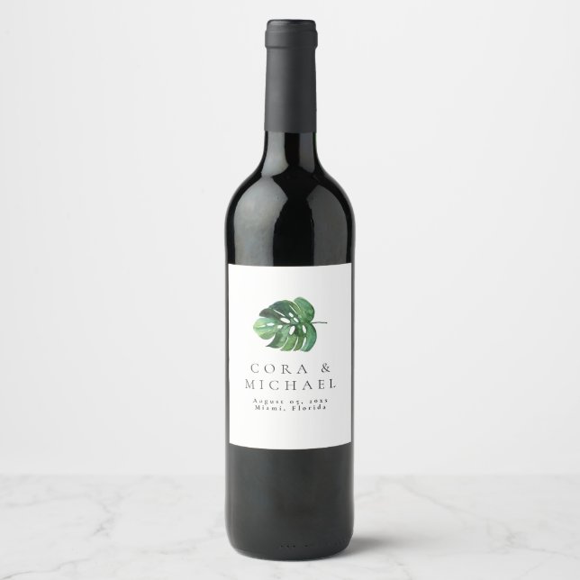 CORA Tropical Beach Palm Leaf  Destination Wedding Wine Label (Front)
