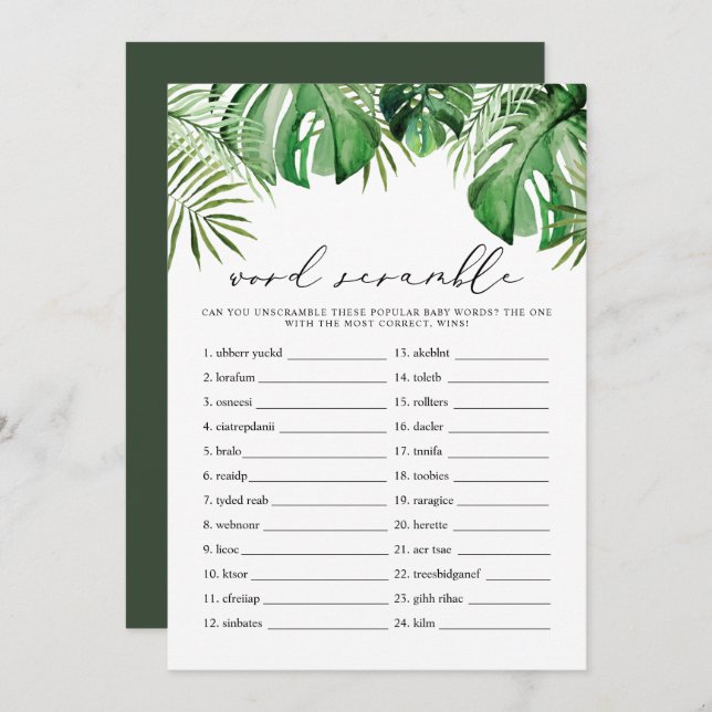 CORA Tropical Word Scramble Baby Shower Game Card (Front/Back)