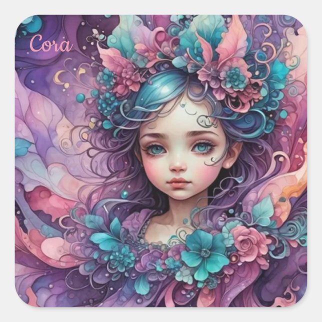 CORA ~ WOW! Fairy Pink Blue Lavender ~ Square Sticker (Front)