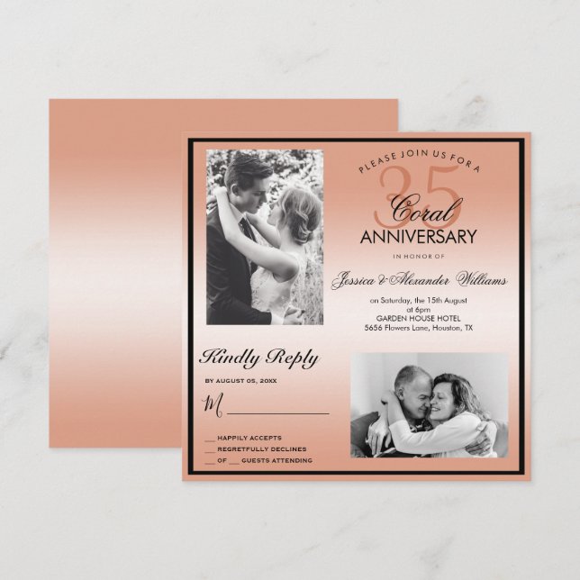 Coral 35th Wedding Anniversary Double Photo Invitation (Front/Back)