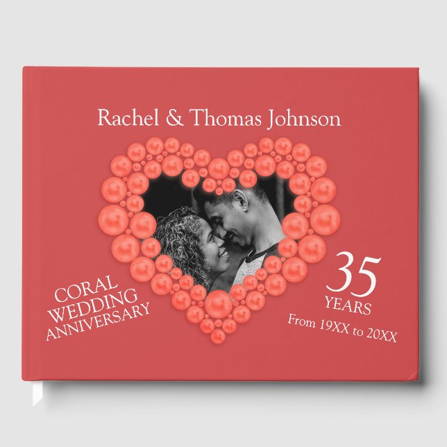 Coral 35th wedding anniversary photo heart  guest book (Front)