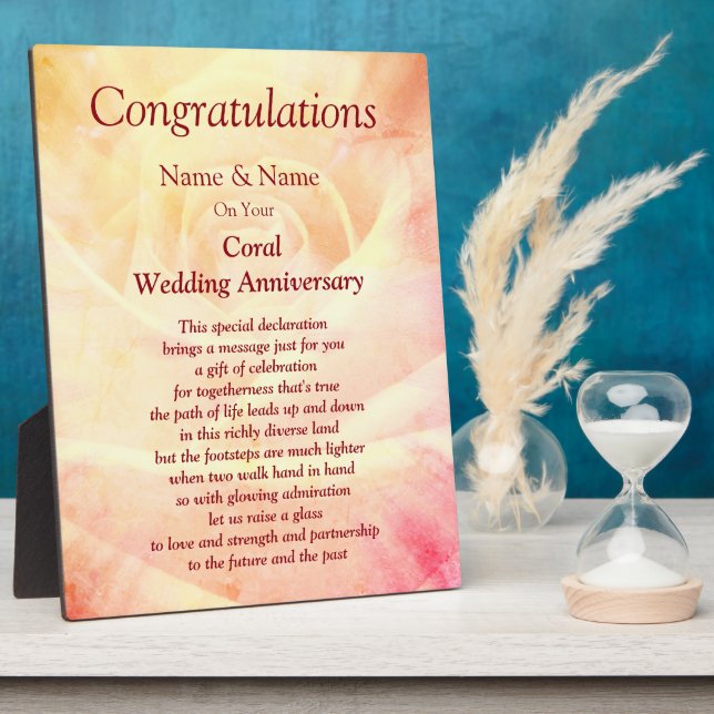 Coral 35th Wedding Anniversary  Plaque (Side)
