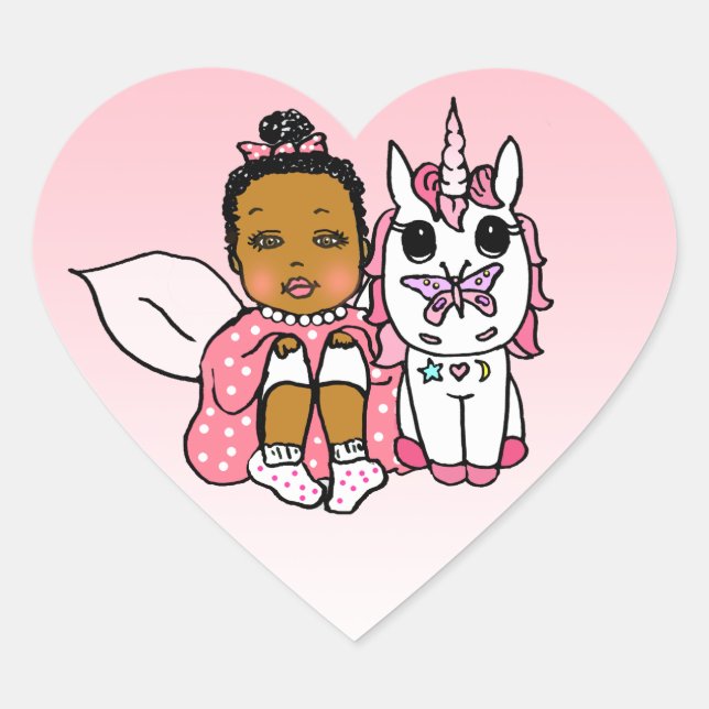 Coral African-American Fairy and Unicorn Heart Sticker (Front)