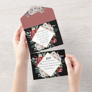 Coral Almond Modern Watercolor Floral Wedding All In One Invitation