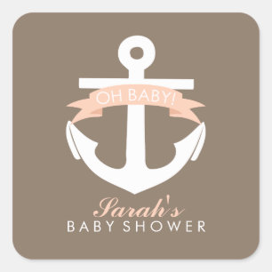 Coral Anchor and Ribbon Baby Shower Square Sticker