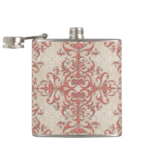 Coral and Antique White Floral Damask Style Art Hip Flask