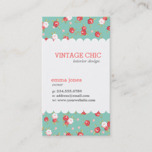 Coral and Aqua Chic Vintage Floral Print Business Card