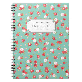 Coral and Aqua Chic Vintage Floral Print Monogram Notebook
